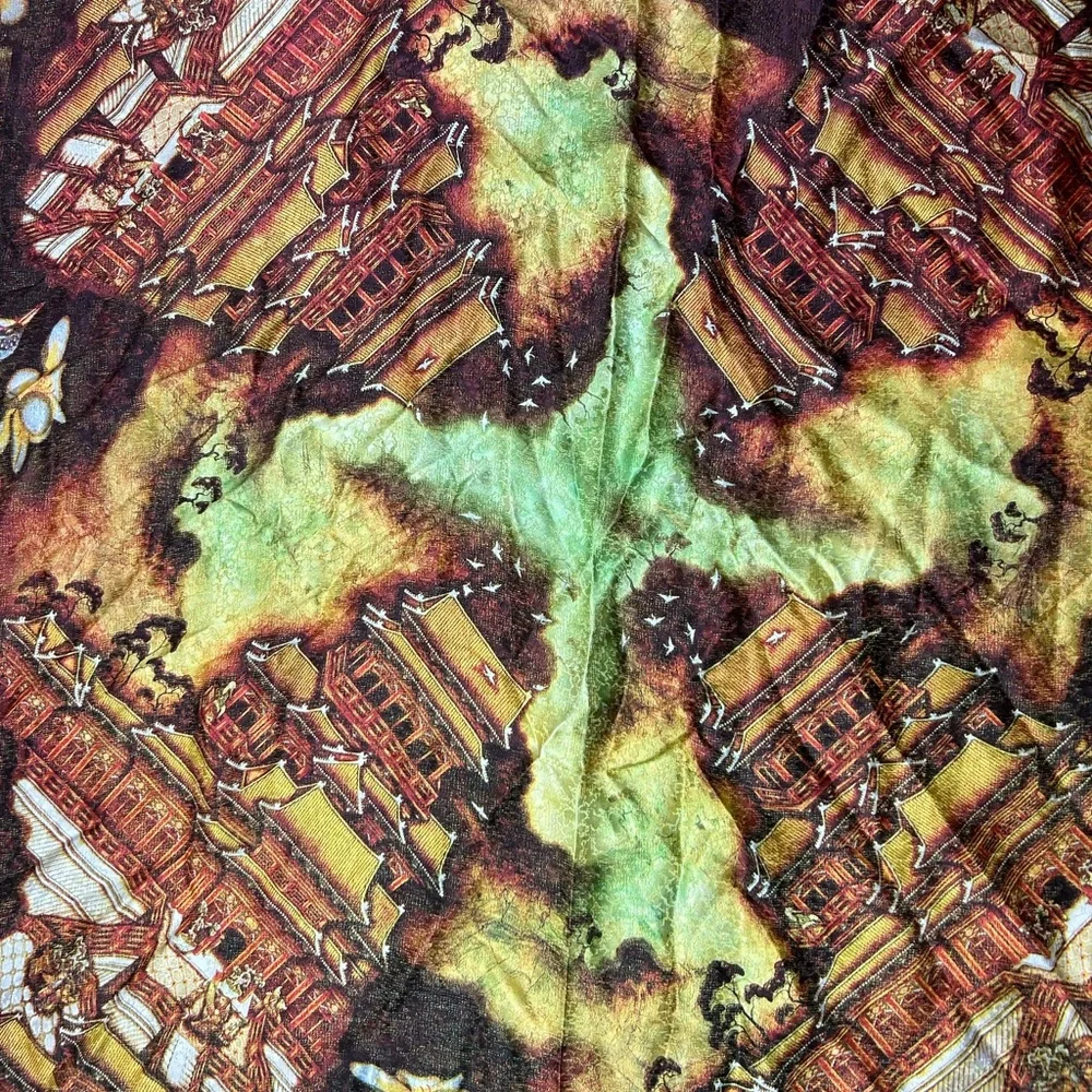 Vintage Kowloon Shangri-La HONG KONG 100% SILK‎ Scarf Asian Architecture Birds